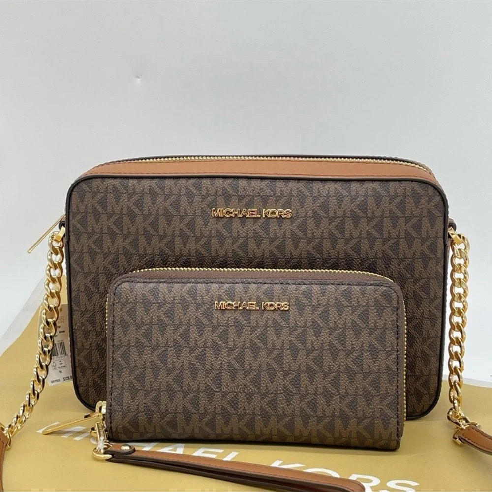 Michael Kors EW Crossbody Bag & Large Flat Mf Phone Case Wallet Leather Brown - Picture 2 of 13